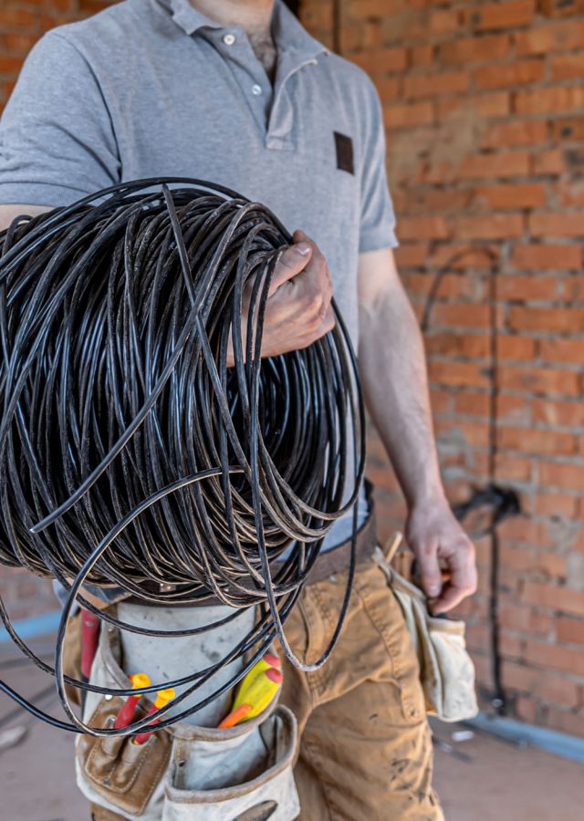 Worker carrying  a roll of black cable